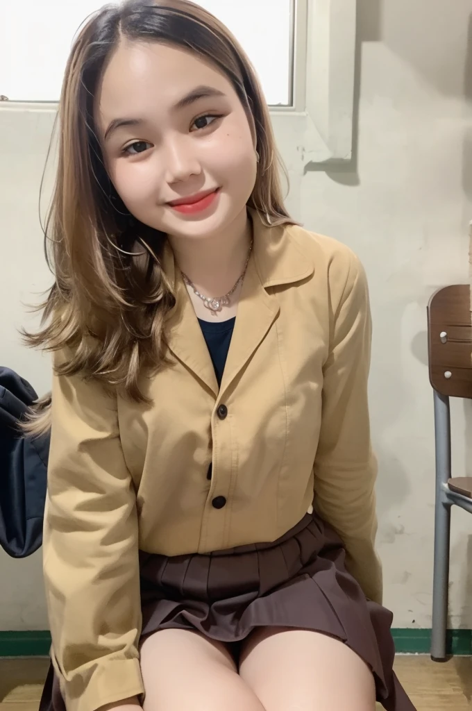 best quality, face focus, soft light, (depth of field) ,ultra high res, (photorealistic:1.4), RAW photo,
1 girl, solo, cute, (shy, smile:1.1), (brown eyes), detailed beautiful face, (long hair ),
High School Classroom, (sit chair),
(school uniform:1.4,dark brown skirt,light brown shirt)
