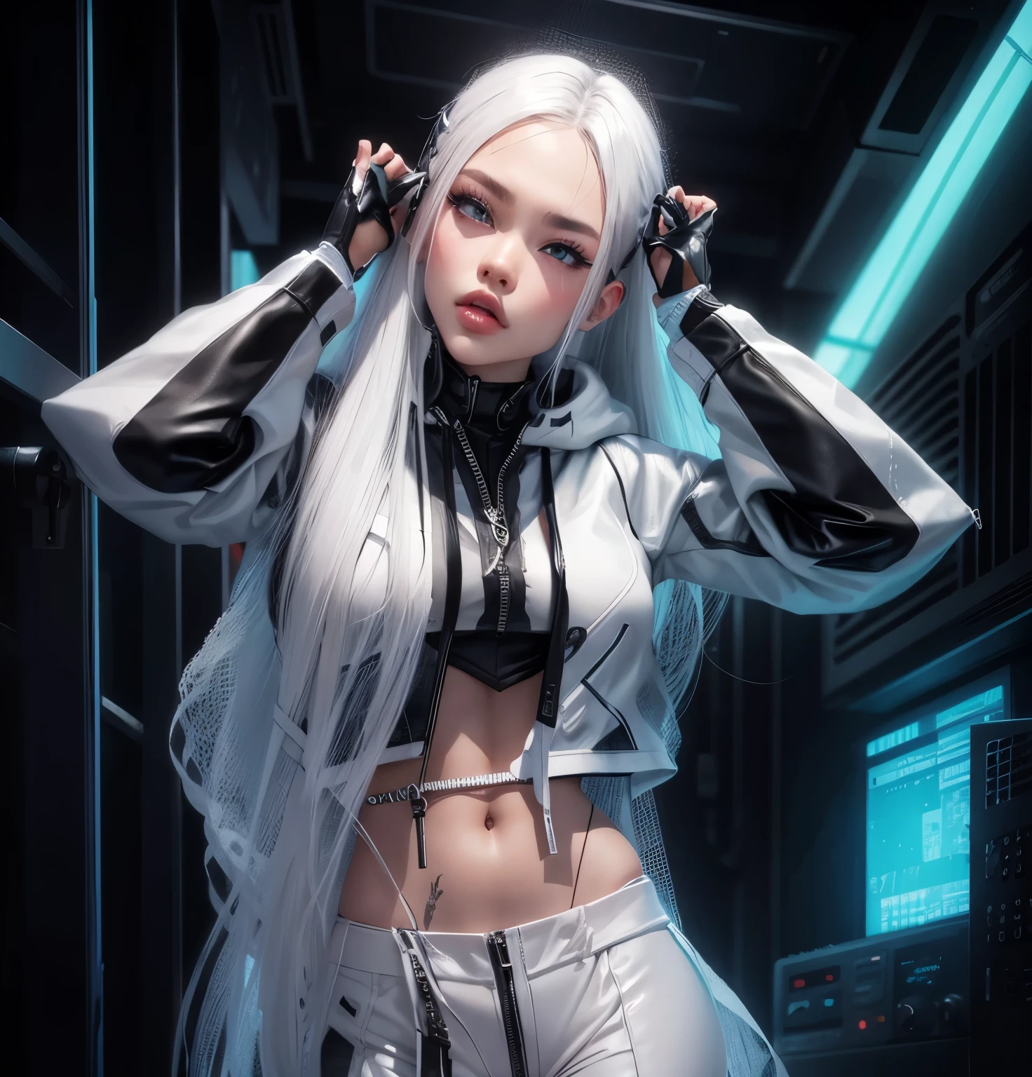 AVATAR SECOND LIFE Korean girl black hoodie and leather pants , asian white hair, rosto perfeito e detalhado, IMVU, detalhes maximalistas, AVATAR SECOND LIFE Korean blouse and pants , neon, cabelo branco, cabelo branco, cabelo branco