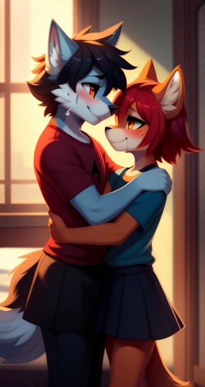 red male t-shirt and skirt, smiling, uploaded on e621, beautiful and detailed, boy (((boy))) ((anthro)) wolf, by waspsalad, by phluks, by zero sum, cinematic lighting, wolf, (anthro, character focus:1.1), ((2guys, duo)), (Hugs), wolf boy, body fur, curves, sexy, nice, cute, hot, comfortable anime style cartoon style, digital drawing, (blushing, sweating, bedroom) ,