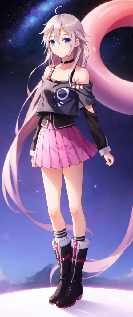 one girl, IA, Vocaloid, CeVIO AI, short skirt, black shirt, off shoulder, choker, beauty, starry sky, mysterious girl, close to girl, Aria on the Planetes, slender, cool, straight hair, boots, standing, full body, face focus