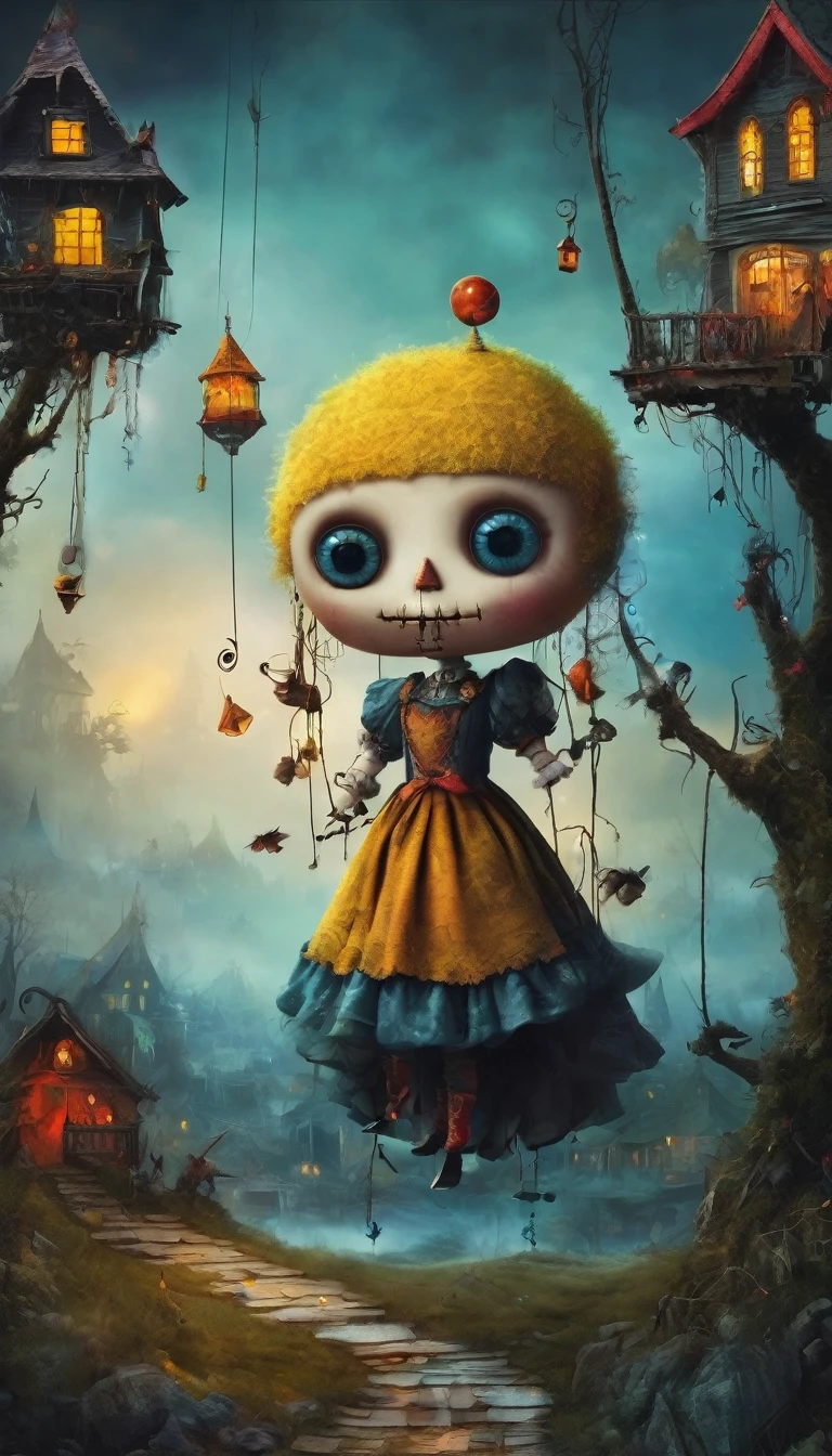 colorful marionette,(cursed puppet), artistically expressed, stylish alexander jansson, amazingly beautiful work, Landscape characters and elements fit perfectly within the image frame, Detailed realization, Definition High Quality, expressive face, clear eyes、ghost house,masterpiece,cute cursed doll
