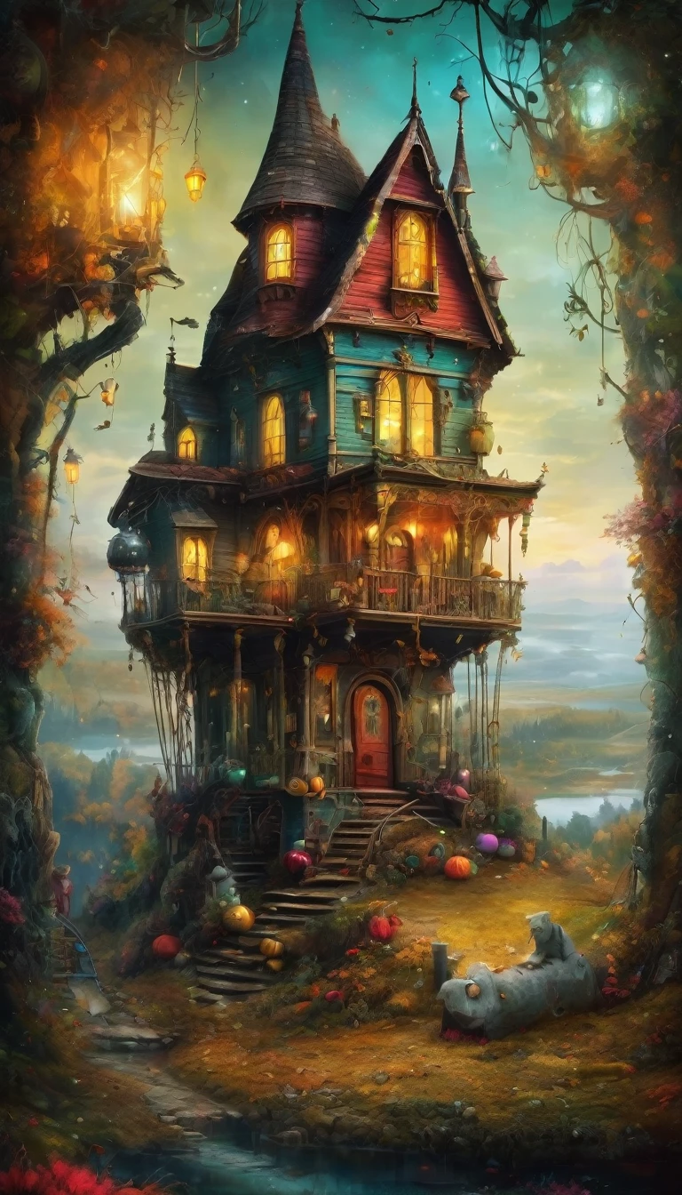 colorful marionette,(cursed puppet), artistically expressed, stylish alexander jansson, amazingly beautiful work, Landscape characters and elements fit perfectly within the image frame, Detailed realization, Definition High Quality, expressive face, clear eyes、ghost house,masterpiece,cute cursed doll