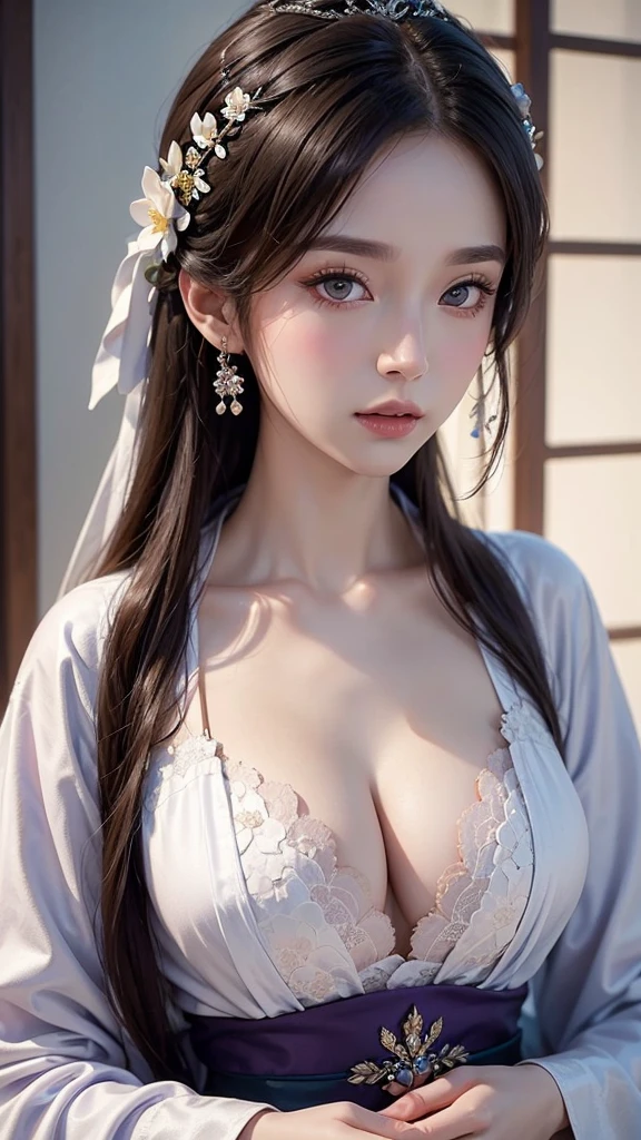 a close up of a woman in a white dress with purple flowers, a beautiful fantasy empress, japanese goddess, 8k high quality detailed art, palace ， a girl in hanfu, trending on cgstation, pale milky white porcelain skin, beautiful alluring anime woman, white haired deity, ((a beautiful fantasy empress)), asian hyperdetailed, inspired by Lan Ying