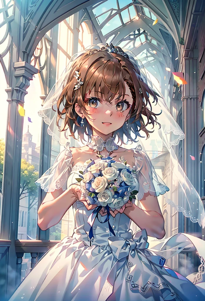 8k,highest quality,masterpiece,(((Pixel Perfect, Perfect in every detail))), alone, 1 girl, ,Mycotrose, Brown eyes,Brown Hair,short hair,Open your mouth,smile,blush,Flower Hair Ornaments,Veil,Wedding dress,Wedding Skirts,holding a bouquet with both hands,Flower Storm, break indoors, Chapel,Association, break looking at viewer, whole body,(Cowboy Shot:1. 5) , break (masterpiece:1.2), highest quality, High resolution, unity 8k wallpaper, (shape:0.8), (Beautiful details:1.6), Highly detailed face, Perfect lightでg, Highly detailed CG, (Perfect hands, Perfect Anatomy),