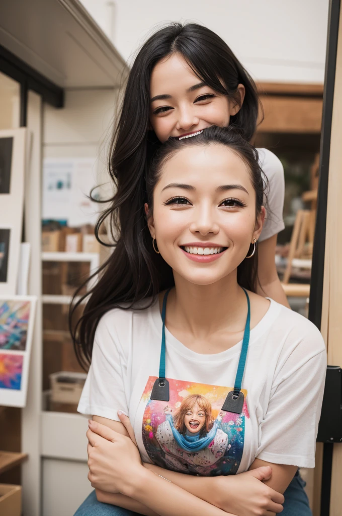 I want a picture of a happy woman with her successful art business..