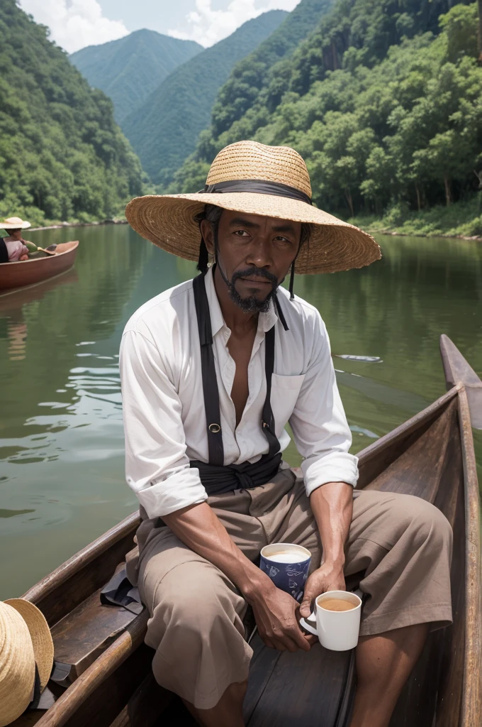 Marujo, older black skin straw hat goatee holding a crumpled aluminum mug in the background of a river with a canoe on the bank