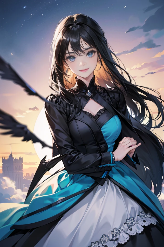 1 girl, high res, long black hair, blue eyes, wearing beautiful dress, happy and elegant, mother, ultrasharp, 8K, masterpiece, looking at the viewer