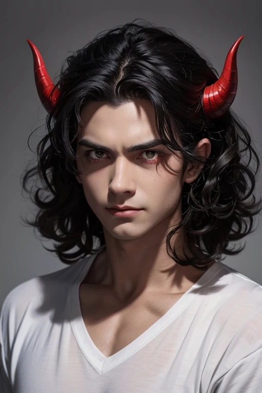 1 demon male, 2D, red skin, mature, Decadent beauty, bright yellow eyes, black hair color, Permed hair with lots of curls that covers the entire forehead, fascinating eyes, gray background, Two small cone-shaped red horns on head, black v-neck t-shirt, masculine, Atmospheric, a faint smile, Tear points, no lights, dark atmosphere, sexy
