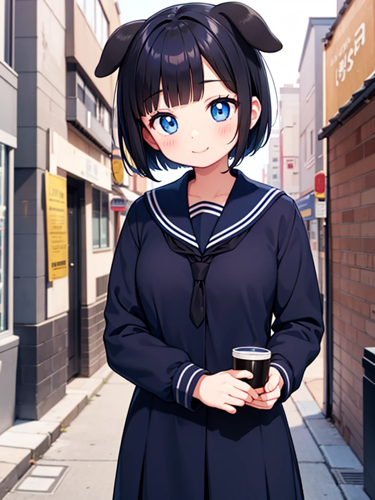 Short black hair Adult female Dog Ears Dark blue colored eyes A student wearing a navy blue sailor uniform In the city smile