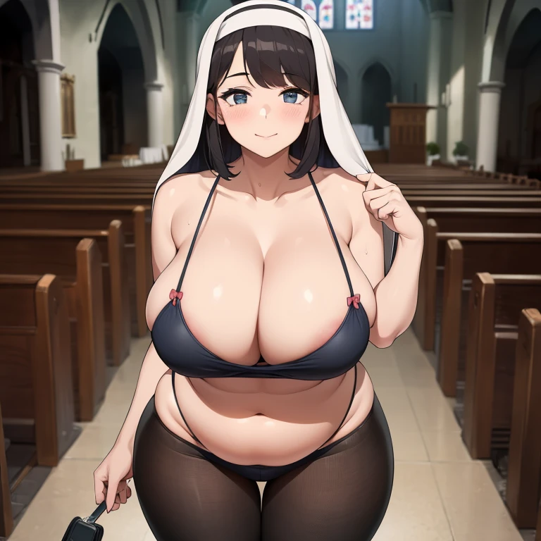 ((High resolution)), masterpiece, high quality, 最high quality, beautiful, Perfect lighting, Detailed face, Super cute face,, ((One girl)), ((alone)), Fluffy hair,, ((blush)), smile, View Viewer, Nuns,Black tights, (Thick thighs), (Wide Hips), (Chubby), (Chubby belly), Cleavage, ((Big Breasts)), 20-year-old female, (church), Daytime,(chubby),sexy pose,sexy,breast focus,lure,
