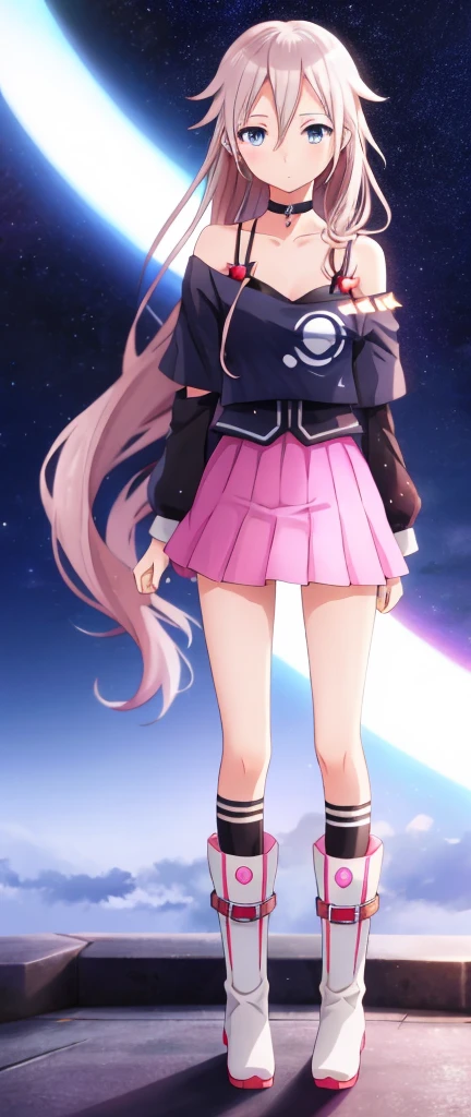 one girl, IA, Vocaloid, CeVIO AI, short skirt, black shirt, off shoulder, choker, beauty, starry sky, mysterious girl, close to girl, Aria on the Planetes, slender, cool, straight hair, boots, standing, full body, face focus