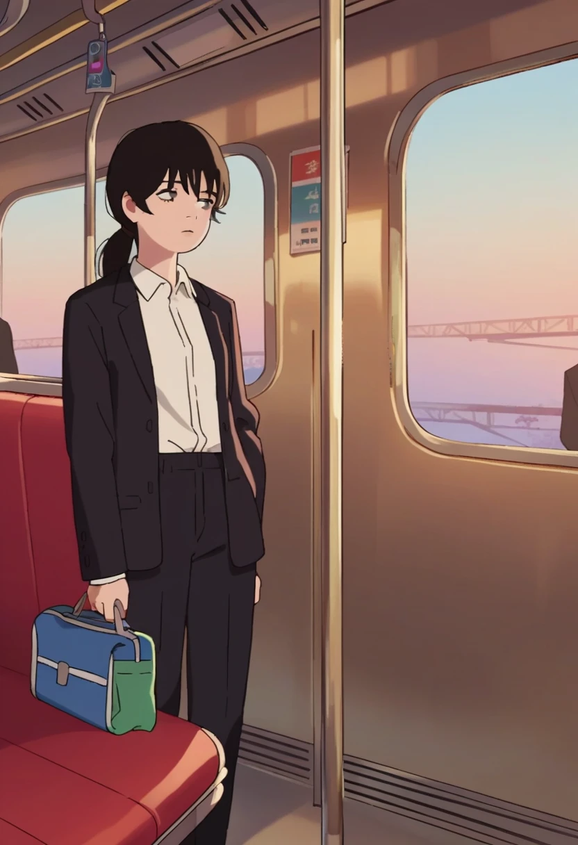 score_9_up score_8_up score_7_up, source_anime, 1girl solo, long hair, ponytail, bangs, black hair, short hair, black eyes, formal, suit, black jacket, white shirt, train interior, bag
