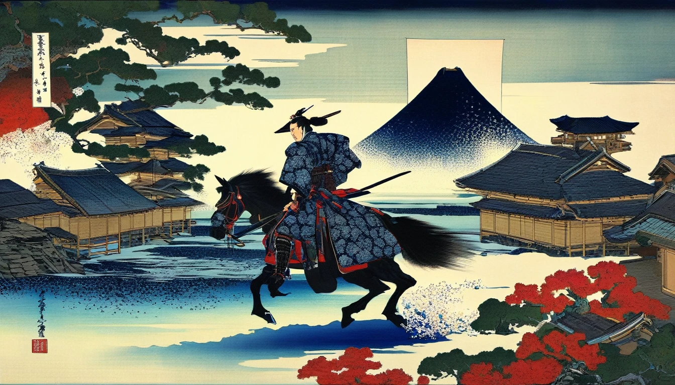 There is a man dressed as a samurai riding a horse, Japanese warrior, Japanese samurai, Dressed in old samurai uniform, Dressed in samurai armor, wearing samurai armor, Ashigaru bow, wearing kimono armor, Samurai warrior, Wearing kimono armor, ancient japanese samurai, samurai style, samurai costume, samurai armor, The samurai is wrapped in chains  inspired by hokusai style(art inspired by Bill Sienkiewicz). oil painting)