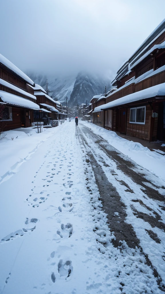 Footprints of people in the snow, a very heavy snowfall is falling