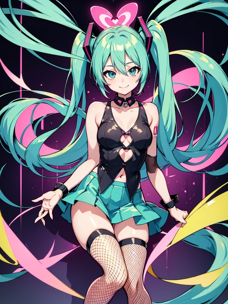 hatsune miku, girl, very sexy revealing bright outfit, cute mature smiling face, fishnets on legs and hands, hatsune miku, on dark japanese background, laced revealing shirt, pink stripped tight fitted skirt