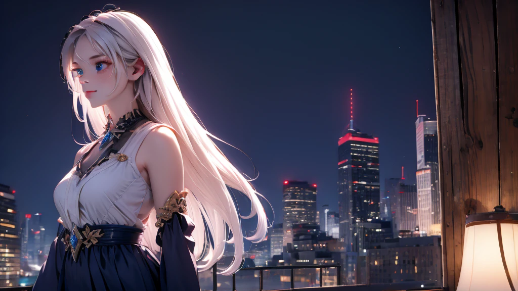 1 girl, medium light white hair, light blue eyes, wearing black suit, night city, absurdres, high res, ultrasharp, 8K, masterpiece, looking from behind