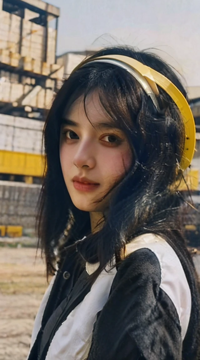 25 yearsg girl holding white papper over the head with the word (SEMANGAT') arched above it. The central figure should be side view perfect face and black hair, wearing yellow industrial helmet, conveying a sense of kindness and pervertness. Industrial building, gears and money as background.