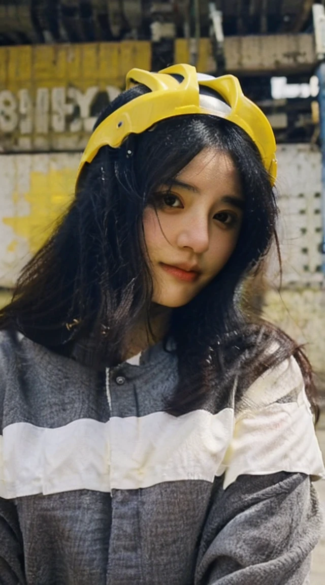25 yearsg girl holding  white papper over the head with the word (SEMANGAT') arched above it. The central figure should be side view perfect face and black hair, wearing yellow industrial helmet, conveying a sense of kindness and pervertness. Industrial building, gears and money as background.