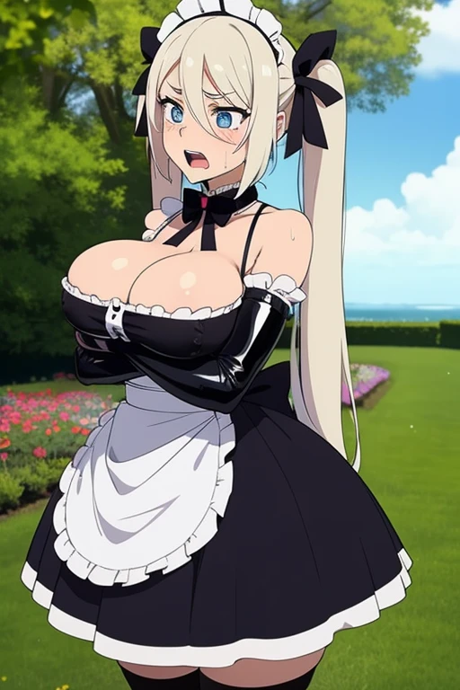 20 year old woman, big breasts, busty, bubble butt, hourglass figure, skinny, blushing, embarassed, shocked expression, horny, seductive, long hair, platinum hair, twintail hair, wearing french maid dress, maid dress, white stockings, black high heels, tight fitting clothing, anime flat colors, daytime, in garden, flowers, punk, punk style, punk hair, ((open mouth)), ((drooling)), ((wet)), bare shoulders, elbow gloves, frills, bows, puffy dress, mid-length skirt, latex