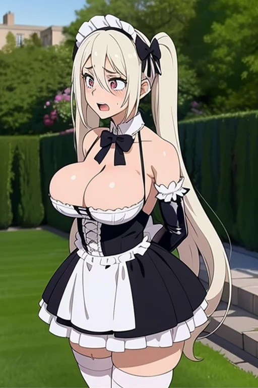 20 year old woman, big breasts, busty, bubble butt, hourglass figure, skinny, blushing, embarassed, shocked expression, horny, seductive, long hair, platinum hair, twintail hair, wearing french maid dress, maid dress, white stockings, black high heels, tight fitting clothing, anime flat colors, daytime, in garden, flowers, punk, punk style, punk hair, ((open mouth)), ((drooling)), ((wet)), bare shoulders, elbow gloves, frills, bows, puffy dress, mid-length skirt, latex
