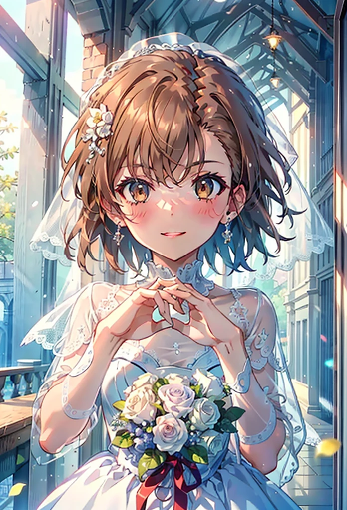 8k,highest quality,masterpiece,(((Pixel Perfect, Perfect in every detail))), alone, 1 girl, ,Mycotrose, Brown eyes,Brown Hair,short hair,Open your mouth,smile,blush,Flower Hair Ornaments,Veil,Wedding dress,Wedding Skirts,holding a bouquet with both hands,Flower Storm, break indoors, Chapel,Association, break looking at viewer, whole body,(Cowboy Shot:1. 5) , break (masterpiece:1.2), highest quality, High resolution, unity 8k wallpaper, (shape:0.8), (Beautiful details:1.6), Highly detailed face, Perfect lightでg, Highly detailed CG, (Perfect hands, Perfect Anatomy),