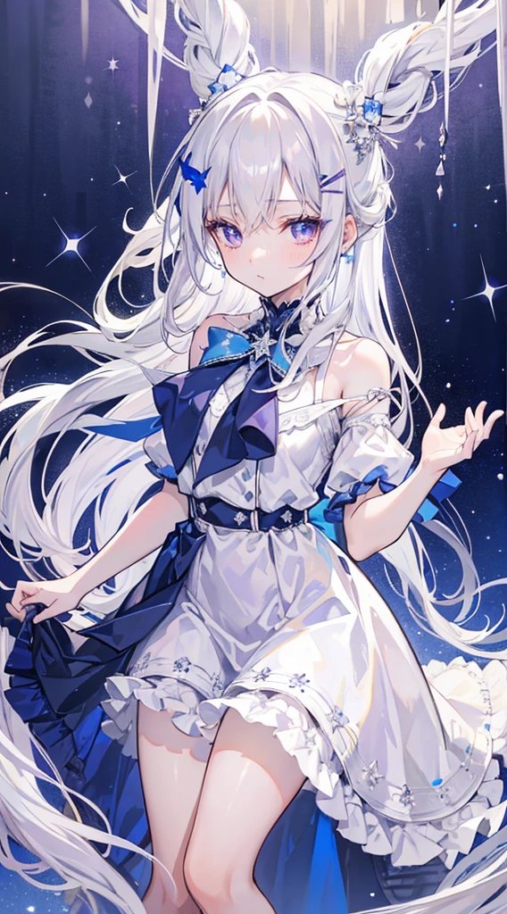 long silver-white hair and waist,stray hair curtain,two hair curtains,Dark purple eyes,high light,Dear students,a fancy turn,Like dancing,Dark blue sailor uniform off-shoulder dress,White bloomers show some.,light blue bow tie,crystal hairpin,Under the starry night sky,,chiquita,medium build,