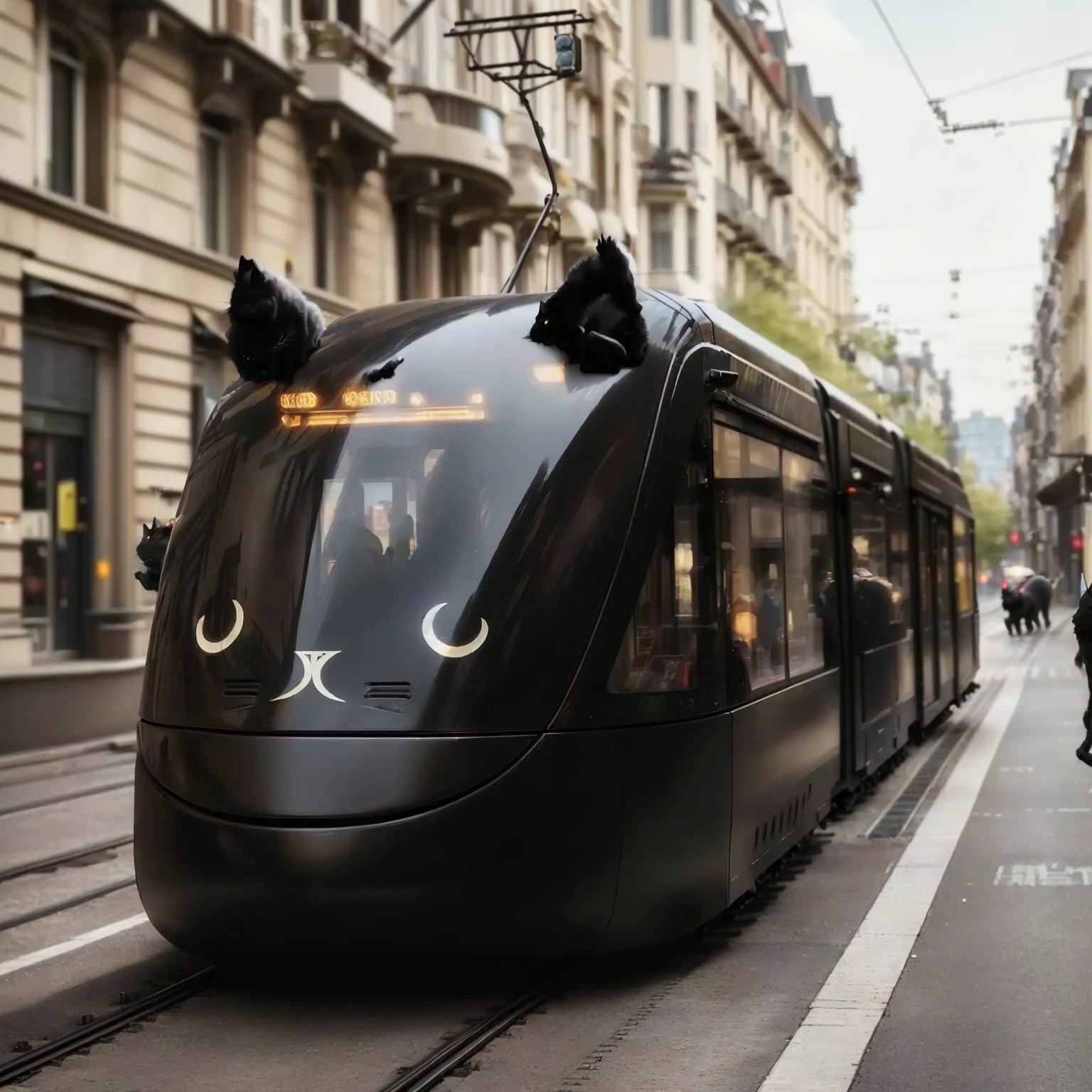 arafly shaped black cat train on tracks in city setting, street tram, trams, black cat in a city made of yarn, trams ) ) ), tram, charging through city, by Karl Stauffer-Bern, julia hetta, by Etienne Delessert, incredible quality, 🕹️ 😎 🔫 🤖 🚬, by Matija Jama, interesting