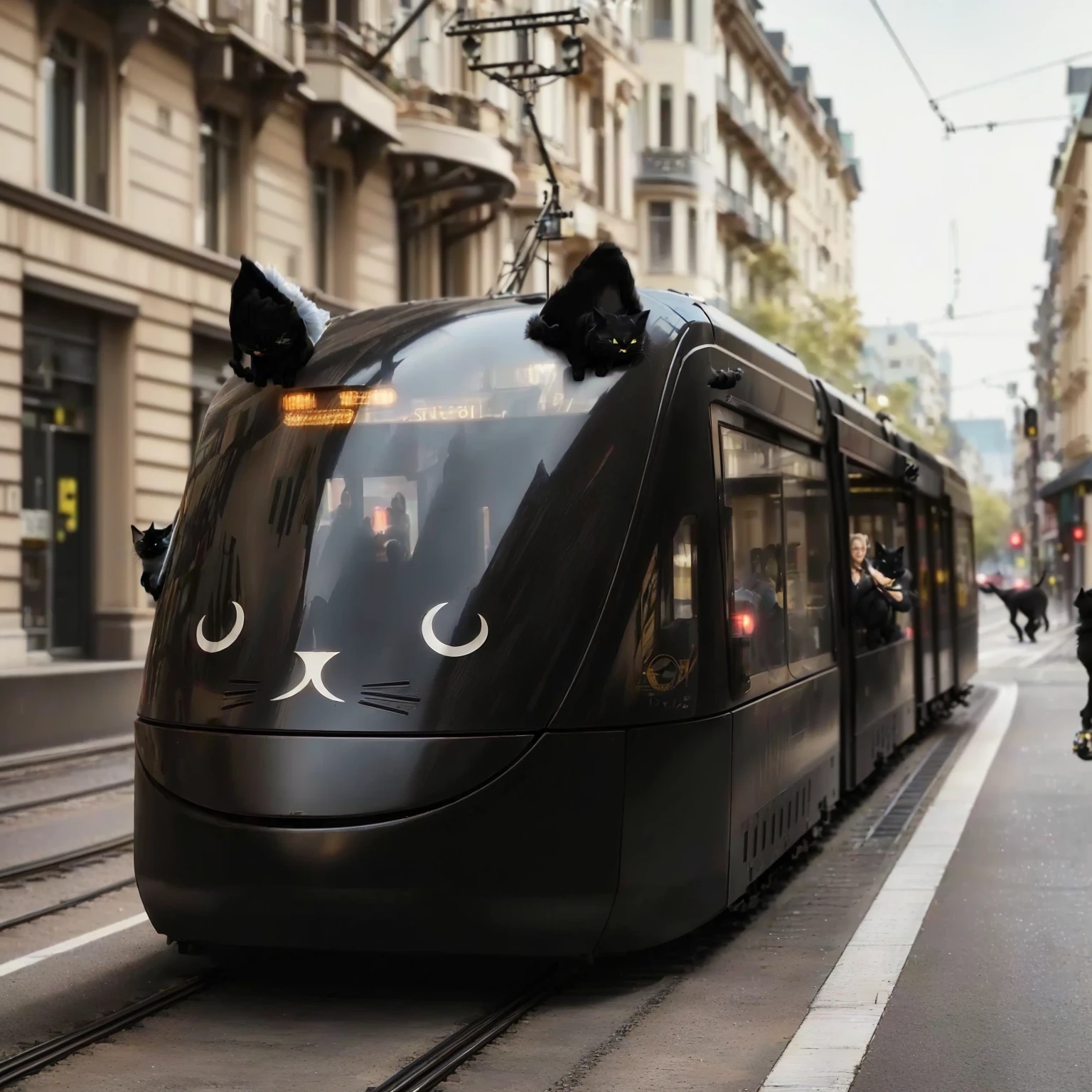 arafly shaped black cat train on tracks in city setting, street tram, trams, black cat in a city made of yarn, trams ) ) ), tram, charging through city, by Karl Stauffer-Bern, julia hetta, by Etienne Delessert, incredible quality, 🕹️ 😎 🔫 🤖 🚬, by Matija Jama, interesting