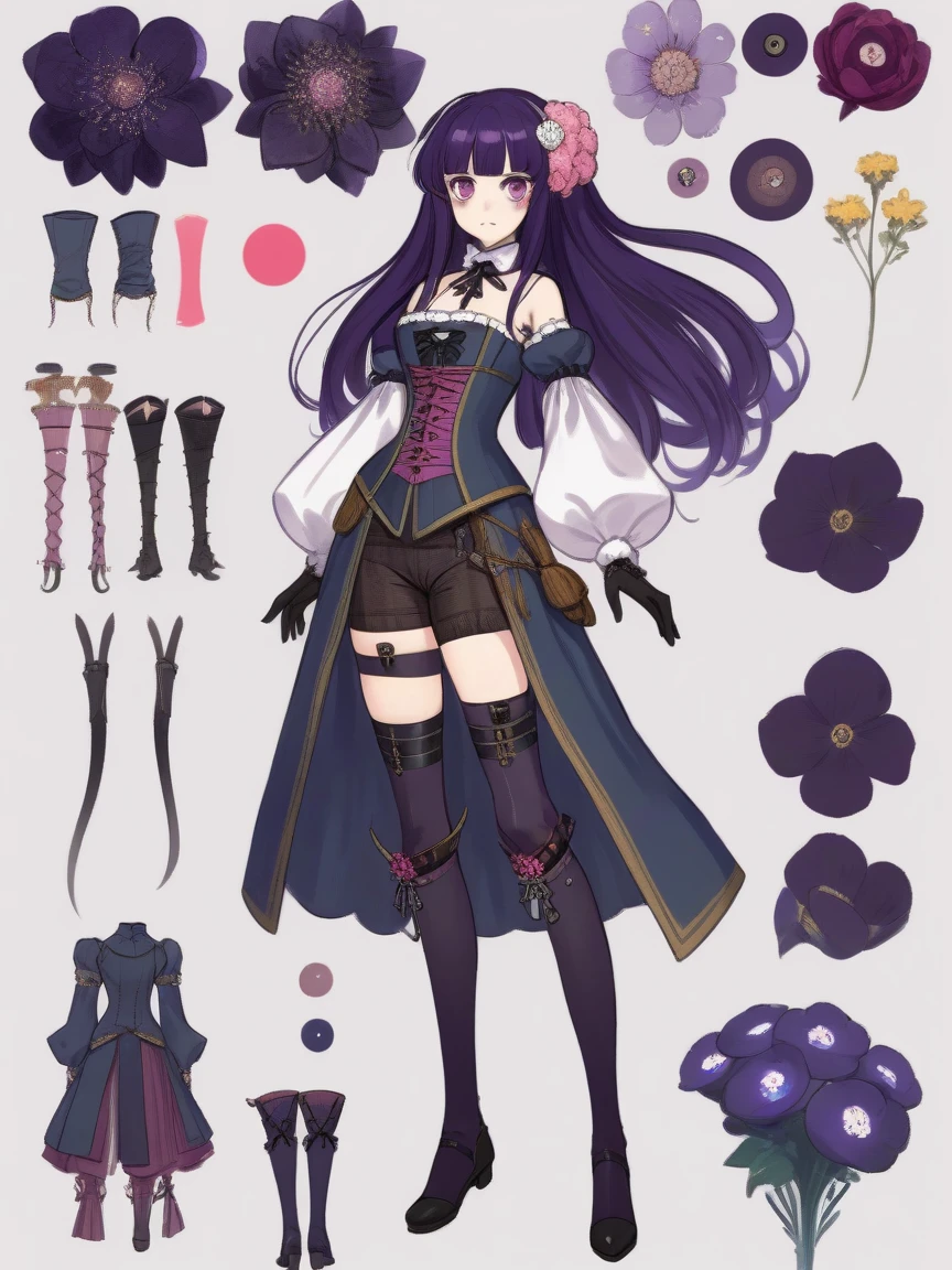 1female, anime, mature female, reference sheet, newest, german 18th century clothes, tight dress, long dress, corset, big , big thights, dark purple hair, long hair, pink eyes, freckles, genshin impact, thighhighs, bolt thrower, mondstadt, electro vision, flowers in hair