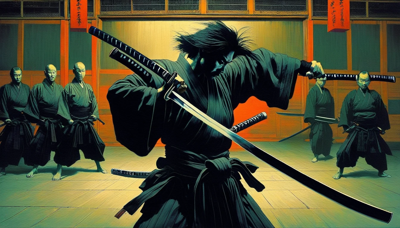 there is a man holding a knife in his hand in a room, holding a black katana, wielding a katana, holding a katana, holding a samurai sword, dramatic katana wielding pose, holding katana, samurai portrait photo, in a dojo,  Japanese samurai, inspired by hokusai style(art inspired by Bill Sienkiewicz). oil painting)
