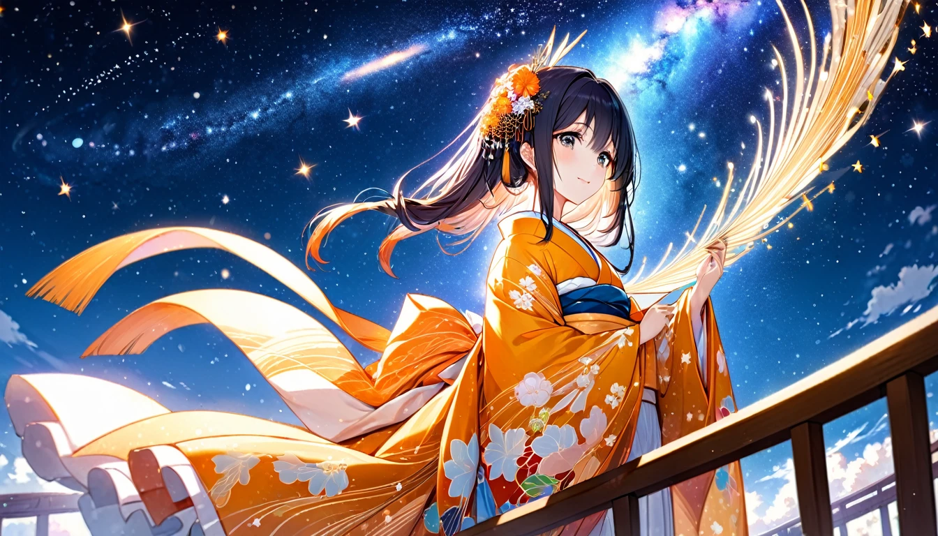(highest quality,8k,32k,masterpiece,ultra-high resolution),A beautiful scene depicting Orihime, the weaver princess from the Tanabata festival. She is dressed in a traditional, elegant kimono with intricate patterns, standing on a celestial bridge with the Milky Way sparkling in the background. Orihime has long, flowing black hair adorned with delicate hairpins and ornaments. Her expression is one of joy and anticipation as she eagerly looks towards the distant figure of Hikoboshi, her beloved, on the other side of the Milky Way. The sky is filled with twinkling stars, creating a magical and romantic atmosphere.