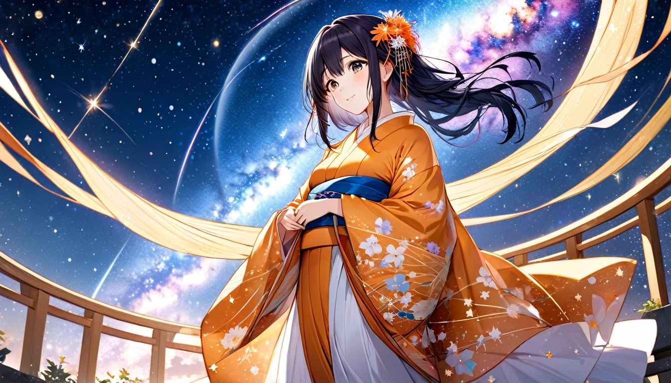 (highest quality,8k,32k,masterpiece,ultra-high resolution),A beautiful scene depicting Orihime, the weaver princess from the Tanabata festival. She is dressed in a traditional, elegant kimono with intricate patterns, standing on a celestial bridge with the Milky Way sparkling in the background. Orihime has long, flowing black hair adorned with delicate hairpins and ornaments. Her expression is one of joy and anticipation as she eagerly looks towards the distant figure of Hikoboshi, her beloved, on the other side of the Milky Way. The sky is filled with twinkling stars, creating a magical and romantic atmosphere.