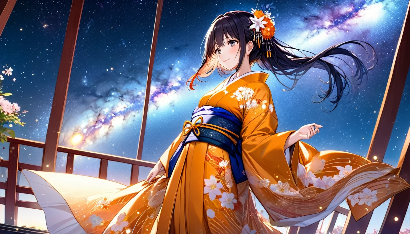 (highest quality,8k,32k,masterpiece,ultra-high resolution),A beautiful scene depicting Orihime, the weaver princess from the Tanabata festival. She is dressed in a traditional, elegant kimono with intricate patterns, standing on a celestial bridge with the Milky Way sparkling in the background. Orihime has long, flowing black hair adorned with delicate hairpins and ornaments. Her expression is one of joy and anticipation as she eagerly looks towards the distant figure of Hikoboshi, her beloved, on the other side of the Milky Way. The sky is filled with twinkling stars, creating a magical and romantic atmosphere.
