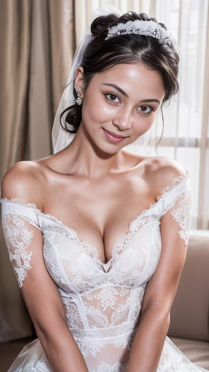 (1girl), ponytail, Extremely cute face, Amazing face and eyes, (Highly detailed eyes, Highly detailed face), fresh, Very clean appearance, (Hyper-realistic, hight resolution), (Best Quality:1.4), (hyper quality), Authentic skin texture, Raw photo, (Realistic, Photorealsitic:1.37), highly detailed, Professional Photography, (beautiful lace bridal dress:1.5), (lace bridal dress with open front), (cleavage:1.2), (Bare shoulders), Smile slightly, (Staring at me), luxury living room, girl portrait, small breasts
