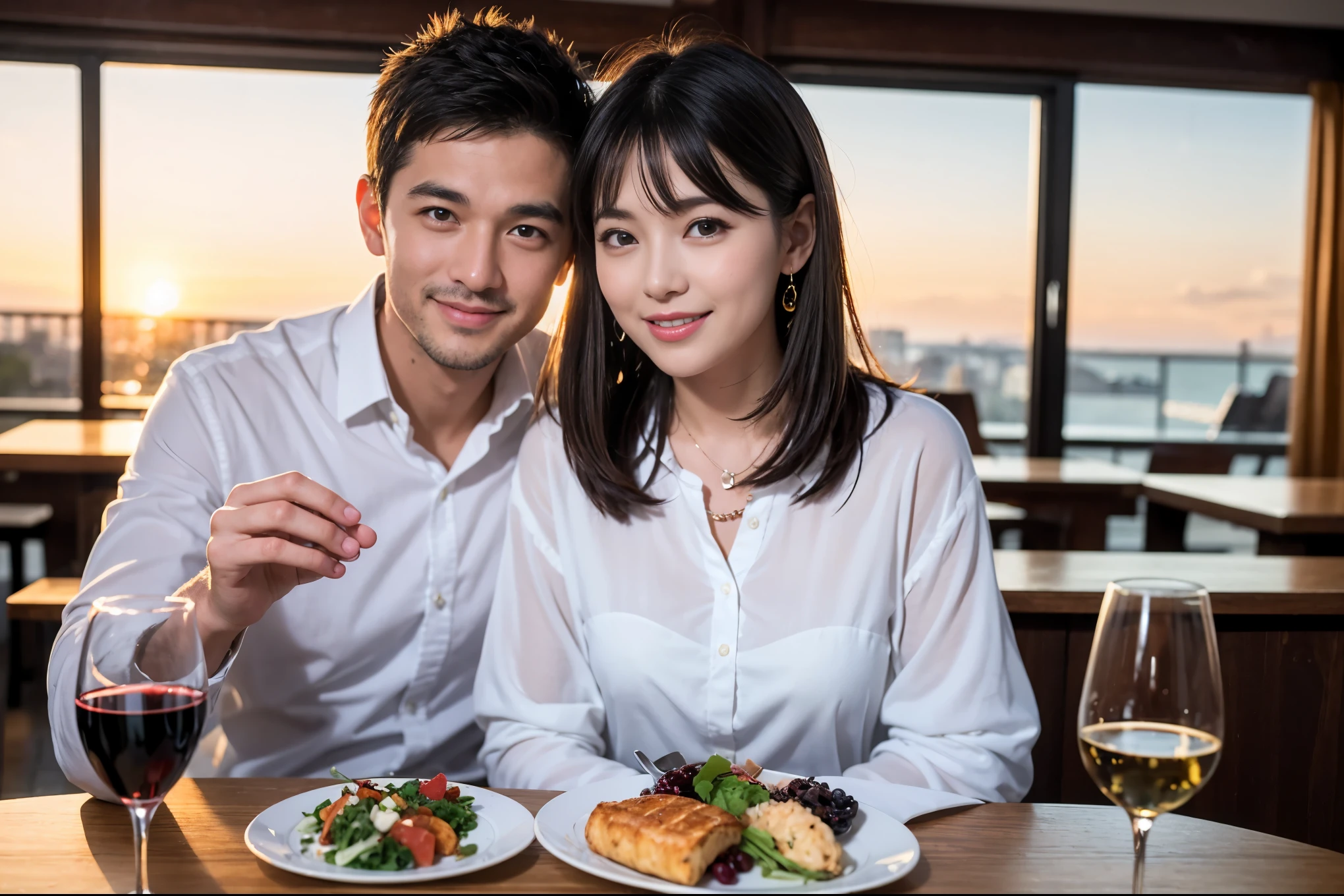 ((highest quality、8k、masterpiece:1.3))、 (Genuineistic, Genuine、Bright image、Intricate details:1.2), 1 male、1 female、Kimura Fumino-like beautiful Couple、spouse、Couple、spouse、Beautiful Couple、Smile、full-course dinner、 (Slim face), (The body is slim), (Brown Hair), (short hair), テーブルの上のwine glass、Please shine a light on my face、 Amazing view of the sunset sky and clouds、 (Age 35), 39 years old, red wine 、Appetizers、Wine bottle、sparkling wine、Long sleeve shirt、dress、White wine, red wine, wine glass,