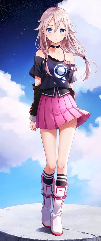 one girl, IA, Vocaloid, CeVIO AI, short skirt, black shirt, off shoulder, choker, beauty, starry sky, mysterious girl, close to girl, Aria on the Planetes, slender, cool, straight hair, boots, standing, full body, face focus, cute