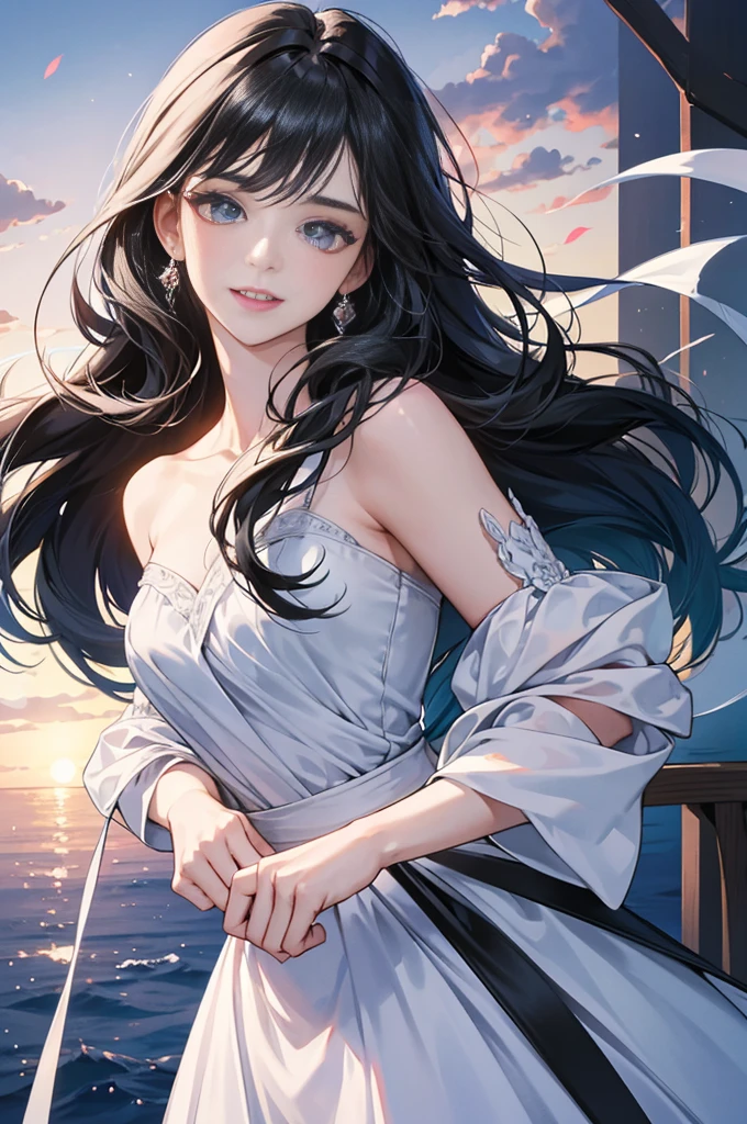 1 girl, high res, long black hair, blue eyes, wearing beautiful dress, happy and elegant, mother, ultrasharp, 8K, masterpiece, looking at the viewer