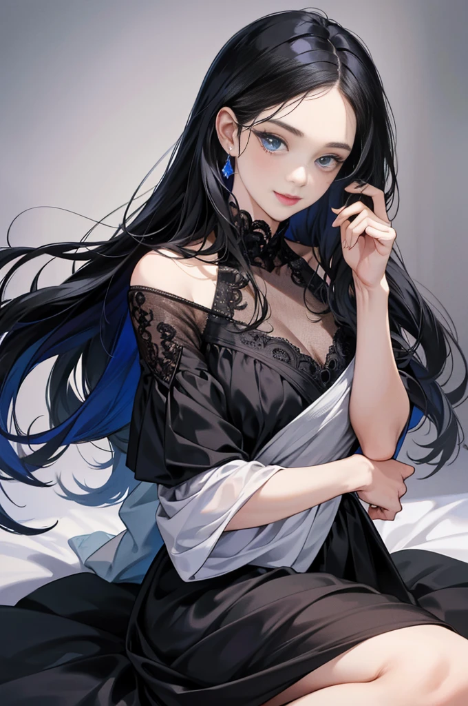 1 girl, high res, long black hair, blue eyes, wearing beautiful dress, happy and elegant, mother, ultrasharp, 8K, masterpiece, looking at the viewer