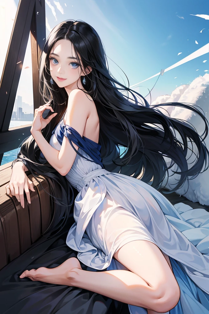 1 girl, high res, long black hair, blue eyes, wearing beautiful dress, happy and elegant, mother, ultrasharp, 8K, masterpiece, looking at the viewer