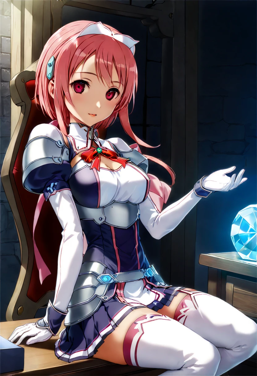 highest quality、unity 8k wallpaper、32k、masterpiece、Very detailed、Ultra-high resolution、　Magical Smith Lisbeth、lisbeth (sao)、Pink Short Hair、Puff sleeves、Shoulder rest、Silver Breastplate、Light pink pleated skirt、Light pink long gloves、Pale pink thigh-high stiletto boots、A large ribbon with a large brooch on the chest、Hair Clip、Hair Ribbon、Hold the magical hammer in one hand、Smithy Table