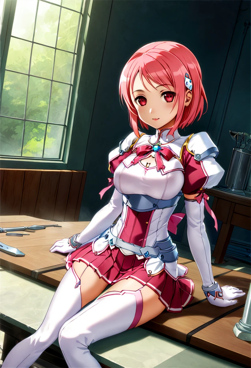 highest quality、unity 8k wallpaper、32k、masterpiece、Very detailed、Ultra-high resolution、　Magical Smith Lisbeth、lisbeth (sao)、Pink Short Hair、Puff sleeves、Shoulder rest、Silver Breastplate、Light pink pleated skirt、Light pink long gloves、Pale pink thigh-high stiletto boots、A large ribbon with a large brooch on the chest、Hair Clip、Hair Ribbon、Hold the magical hammer in one hand、Smithy Table