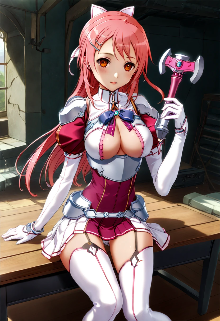highest quality、unity 8k wallpaper、32k、masterpiece、Very detailed、Ultra-high resolution、 Magical Smith Lisbeth、lisbeth (sao)、Pink Short Hair、Puff sleeves、Shoulder rest、Silver Breastplate、Light pink pleated skirt、Light pink long gloves、Pale pink thigh-high stiletto boots、A large ribbon with a large brooch on the chest、Hair Clip、Hair Ribbon、Hold the magical hammer in one hand、Smithy Table
