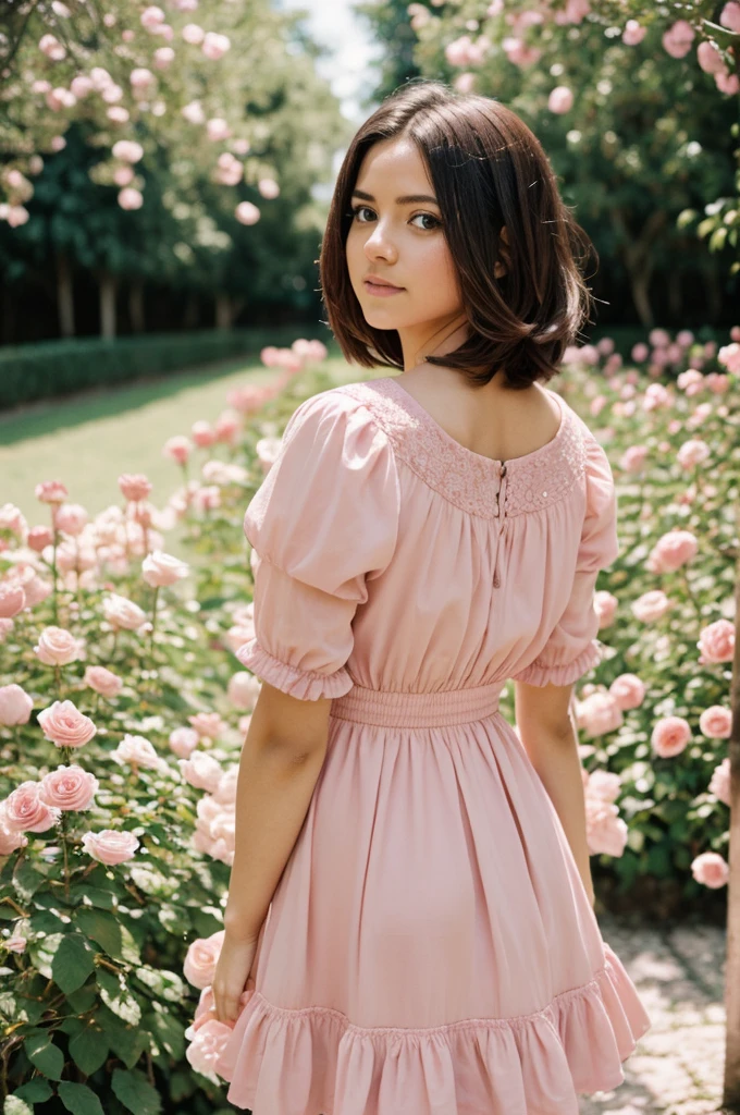 8K, foto cruda, fujifilm, Style photography of a beautiful young girl like Avril in a light pink rose garden. (piel muy detallada: 1.2) Style-Petal BREAK short hair, cabello rubio con mechones de colores, usando un vestido, film grain, 35mm, lindo estilo