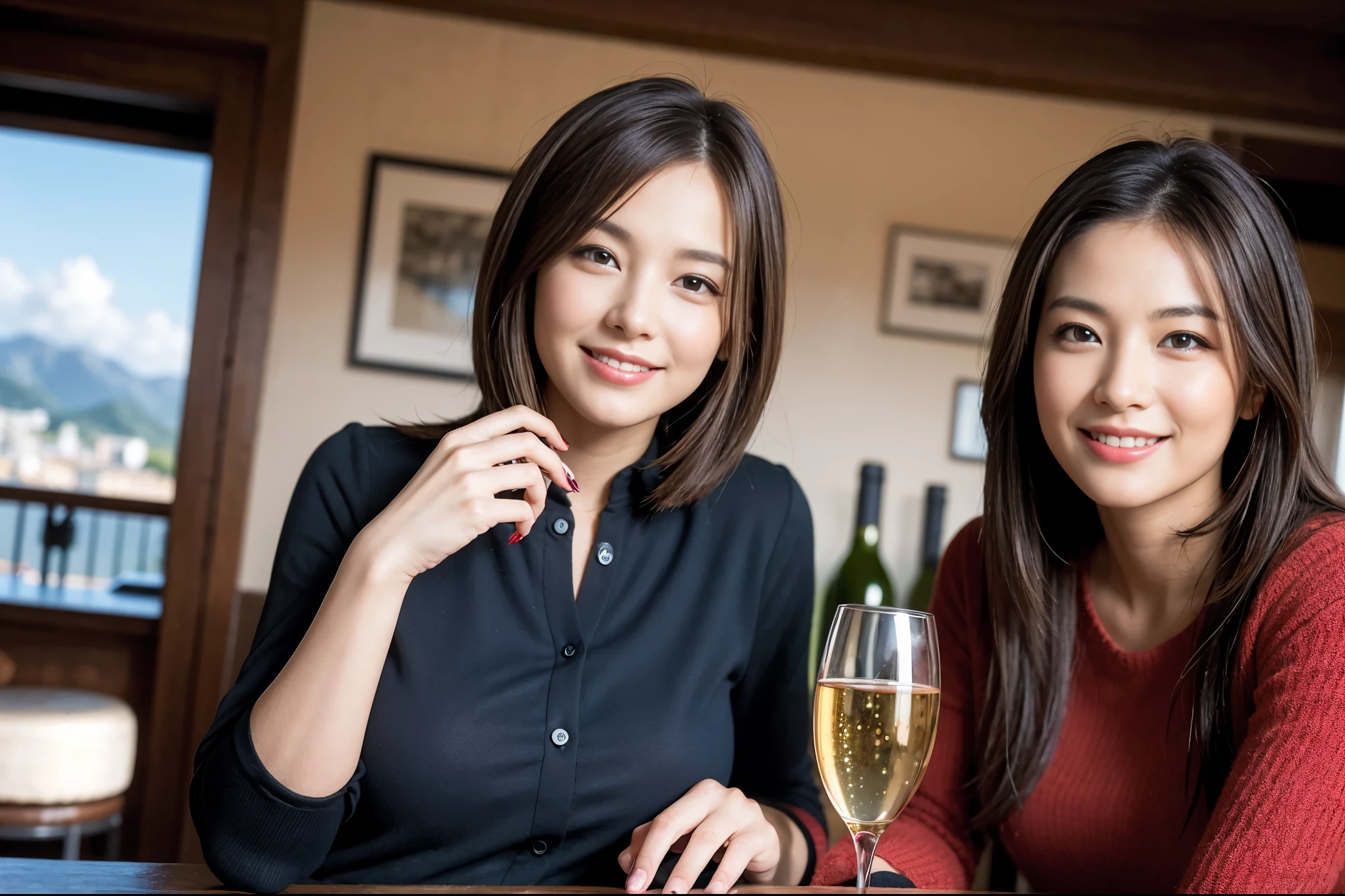 ((highest quality、8k、masterpiece:1.3))、1 male、1 female、Couple、spouse、Couple、The body is slim、((Bob Hale、Straight hair:1.2)), (Realistic, Intricate details:1.2), テーブルの上のwine glass、Put the light on your face、 Amazing view of the sunset sky and clouds、Amazing mountain views、A bright smile、The wonderfulness of smile、Bright image、The beauty of wine, Beautiful Face, blue eyes, The light shines on your face, Blushing, short hair,Bright Face、 (Age 37), 39 years old, red wine 、Appetizers、Italian food、Wine bottle、Champagne、sparkling wine、Two beauties、Brown Hair、Shortcuts、Long sleeve shirt、dress、Pretty Woman 1, (slimな顔), (The body is slim), (Brown Hair), (Shortcuts), cheeks turn a little red,Attractive beauty、restaurant, In a prominent place (From the waist up) Nova Frog Style, actress, model, Upper Body, White wine, slim, wine glass, 中央に置かれたwine glass, smile, (smile: 1.15), Beautiful fine grain, Depth f/2,saturation, High Contrast, Strong light and shadow,Moist Body:1.5、3D texture、Delicate eyes、Brown Hair、The hair is very shiny、