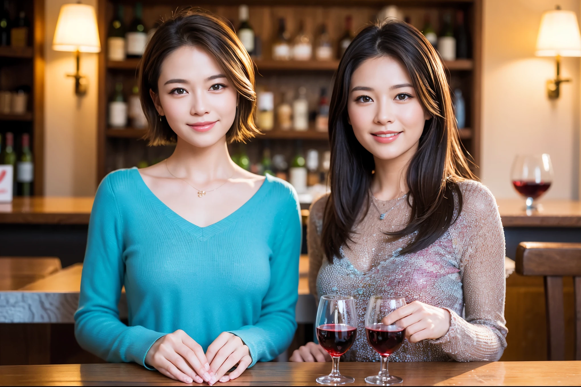 ((highest quality、8k、masterpiece:1.3))、1 male、1 female、Couple、spouse、Couple、The body is slim、((Bob Hale、Straight hair:1.2)), (Realistic, Intricate details:1.2), テーブルの上のwine glass、Put the light on your face、 Amazing view of the sunset sky and clouds、Amazing mountain views、A bright smile、The wonderfulness of smile、Bright image、The beauty of wine, Beautiful Face, blue eyes, The light shines on your face, Blushing, short hair,Bright Face、 (Age 37), 39 years old, red wine 、Appetizers、Italian food、Wine bottle、Champagne、sparkling wine、Two beauties、Brown Hair、Shortcuts、Long sleeve shirt、dress、Pretty Woman 1, (slimな顔), (The body is slim), (Brown Hair), (Shortcuts), cheeks turn a little red,Attractive beauty、restaurant, In a prominent place (From the waist up) Nova Frog Style, actress, model, Upper Body, White wine, slim, wine glass, 中央に置かれたwine glass, smile, (smile: 1.15), Beautiful fine grain, Depth f/2,saturation, High Contrast, Strong light and shadow,Moist Body:1.5、3D texture、Delicate eyes、Brown Hair、The hair is very shiny、