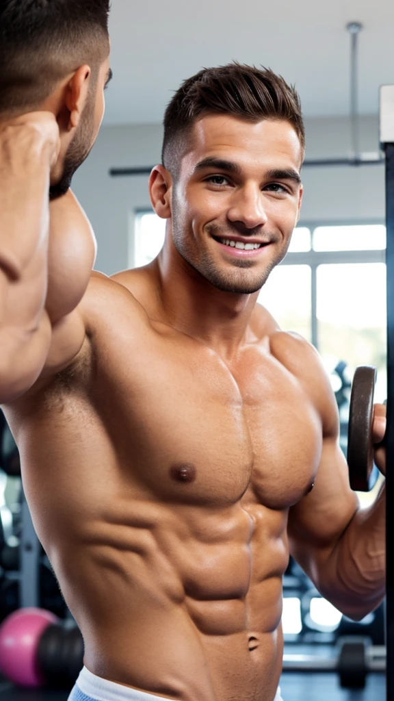 cute men in the gym doing exercises  muscular men arriving at the gym greeted with a smile  another pretty boy in the background  