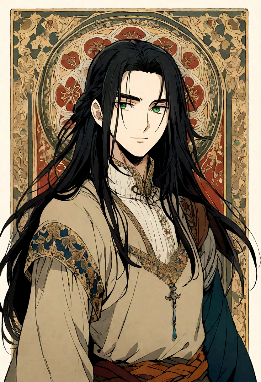 anime,man,Middle Ages,healthy body,black hair,long hair,green eyes,ชุดสีดำMiddle Ages,rice color background