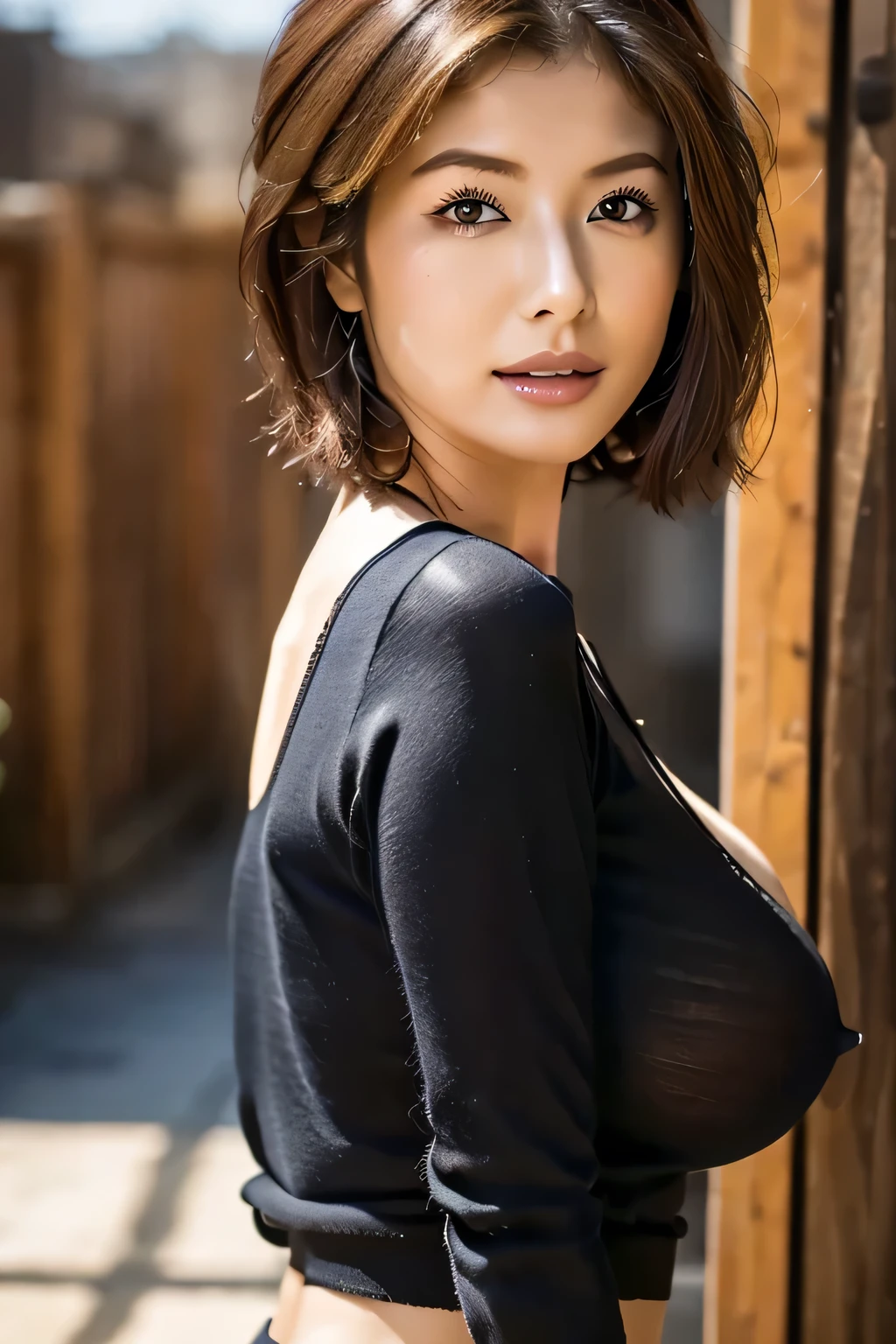 8k images, highest quality, masterpiece, Realistic, Realistic, High resolution, Ray Tracing, 1 sexy Japanese model, Dark deep V-neck sweater,Big Breasts, Shapely breasts, Detailed skin texture, Shortcuts, Straight hair, Slim figure, ((View your audience))