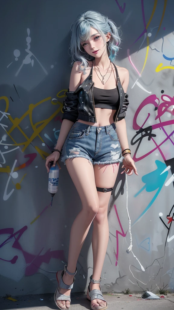 masterpiece, Best quality, solo, Jacket, Denim shorts, Necklace, (doodle:1.5), Paint splatter, Put your arms behind your back, Against the wall, Looking at the audience,(Hand holding spray paint:1.5) Armband, thigh strap, Paint on the body, Head tilt, having fun, hair color, Aqua eyes, earphone,(Graffiti Wall:1.5)(Full body portrait;1.5)