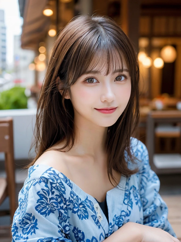 (highest quality:1.5)、(Realistic:1.5)、(1 person:1.5)、Very detailed、finely、High resolution、8k wallpaper、Perfect dynamic composition、Small breasts、Natural color lip、Cute Smile、Japanese women、20-year-old girl、Beautiful and elaborate face、Perfect and beautiful face、Beautiful and exquisite、Big eyes、Brunette's eyes、Beautiful and elaborate face、Perfect and beautiful double eyelids、Natural Bangs、Beautiful thin nose、Beautiful Skin、chestnut brown hair、Hair tied up、Natural Bangs、Open Cafe、Terrace seats、Perfect and beautiful face、Natural pose、Slim face and figure、(Looking into the camera)、Bright lighting、Professional Lighting、Front lighting、Bold sexy pose、Natural smile、Make it cold、Holter shoulder、Beautiful clavicle、Yukata、The color of the yukata is light blue.(A sexy shot of her looking straight into the camera)、Brush your hair back、Backlight